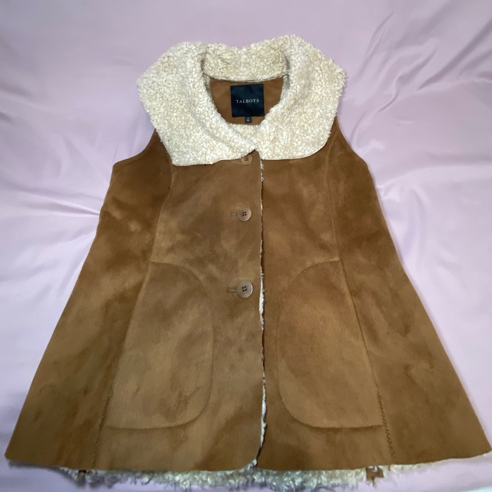 Talbots Brown Faux Suede Vest with Sherpa Collar Women’s Size 4